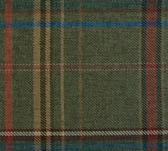 a green plaid fabric with red and blue stripes