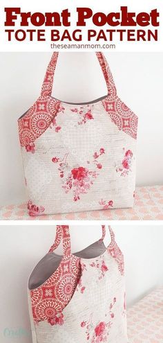 the front pocket tote bag pattern is shown in red and white with flowers on it