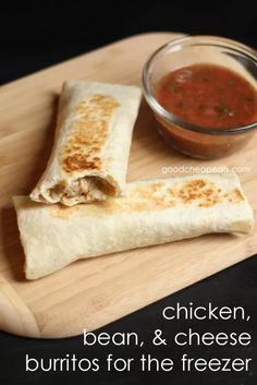 chicken, bean and cheese burritos for the freezer on a cutting board