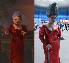 two pictures of women in red dresses and one is wearing a purple hairdow