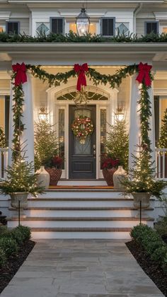 the front entrance to a house decorated for christmas