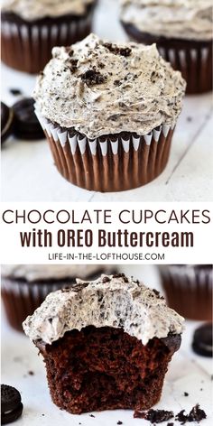 chocolate cupcakes with oreo buttercream frosting on top and bottom