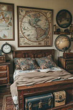 a bedroom with an old world map on the wall above the bed and chest of drawers