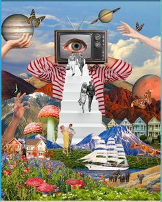 a collage of images with people and objects in the sky, including an eye on top of a staircase