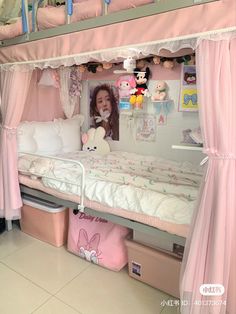 a child's bedroom with a pink canopy bed and stuffed animals on the wall