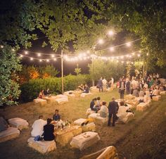 a group of people sitting in the grass under string lights