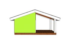 a drawing of a small green building with a roof and wooden decking on the side