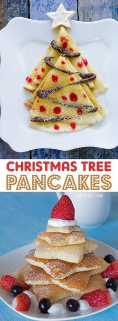 christmas tree pancake recipe with strawberries and blueberries