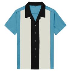 This vintage-inspired men's short-sleeve shirt is perfect for any occasion, from casual to formal. 
The solid light blue color and classic fit make it a versatile addition to any wardrobe. 
The button-down collar and accents add a touch of Western and Rockabilly style. Made from a comfortable and breathable blend of 97% cotton and 3% spandex twill, this shirt is easy to care for and suitable for all seasons. 
The closure is simple and convenient with easy-to-use button fasteners. Available in sizes M, L, XL, 2XL, and 3XL, this shirt is a must-have for any stylish man's collection. Fitted Short Sleeve Shirt With Retro Print, Retro Cotton Hawaiian Shirt With Short Sleeves, Retro Blue Collared Top, Blue Collared Retro Tops, Blue Retro Collared Tops, Retro Black Camp Shirt With Camp Collar, Retro Short Sleeve Shirt With Camp Collar, Black Retro Shirt With Camp Collar, Retro White Short Sleeve Shirt With Camp Collar