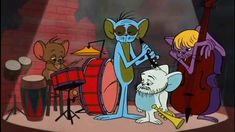 cartoon characters playing instruments and singing in front of a brick wall, with two mice on the floor