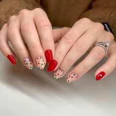 3. Classic Red with Colorful Polka Dots Builder Gel Christmas Nails Short, Gel Nails Inspo Simple, Nails Idea For Christmas, Almost Christmas Nails, Short Red Christmas Nails Simple, Holiday Polka Dot Nails, Polka Dot Nails Christmas, Red And Green Polka Dot Nails, Easy Christmas Manicure