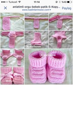 crocheted baby booties and mittens are shown in multiple pictures, including one with