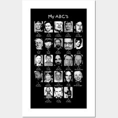 a black and white poster with many faces in different languages, including the words my abc's