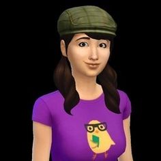 a woman wearing a purple shirt and green hat with an owl on it's chest