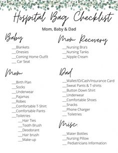 the hospital baby checklist for mom and dad is shown in this printable version