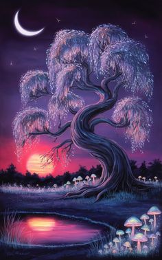 a painting of a tree and some mushrooms at night with the moon in the background