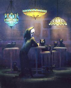 a cat sitting at a table in front of three lights with cats on the tables