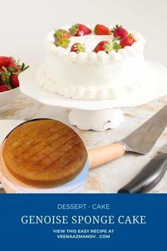 there is a cake with strawberries on it and the words dessert - cake geniose sponge cake