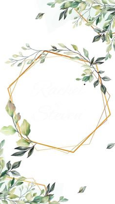 an artistic watercolor painting with green leaves and gold geometric frame