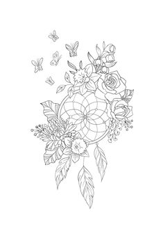 a drawing of flowers and butterflies on a white background