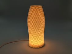 a lamp that is sitting on the ground with a cord in front of it,