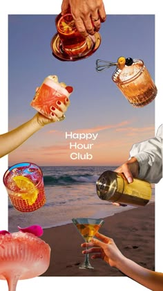 happy hour club poster with people pouring drinks on the beach