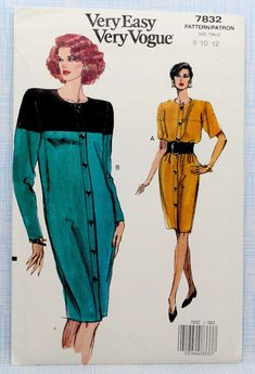 Vogue Sewing Pattern 7832, Misses'/Miss Petite Straight Dress, Uncut/FF, Misses' Size 8 10 12 by Allyssecondattic on Etsy Vintage Vogue Sewing Patterns, Color Block Shirts, Mccalls Patterns