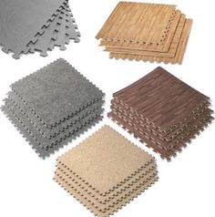 four different types of floor mats with various colors and patterns on the top one is brown, beige, gray, and white