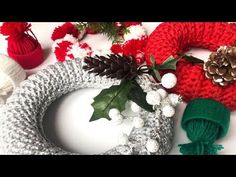 knitted christmas wreaths and other holiday decorations