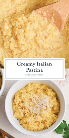 creamy italian pasta with parmesan cheese in a white bowl next to a wooden spoon