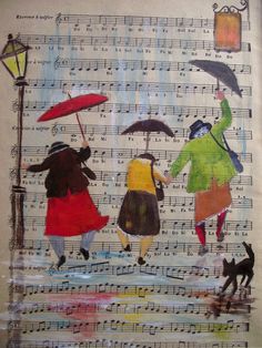 an image of people walking in the rain with umbrellas on sheet music notes and cats