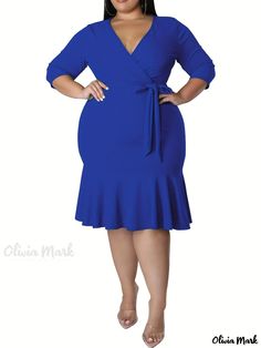 Olivia Mark - Womens Plus Size Solid V Neck Side Knot Fish Tail Midi Dress: An Elegant and Stylish Half Sleeve Dress Plus Size Corset Dress, Half Sleeve Dress, Midi Dress Chic, Derby Dress, Autumn Sleeve, Fish Tail, Half Sleeve Dresses, V Neck Midi Dress, Women Plus Size