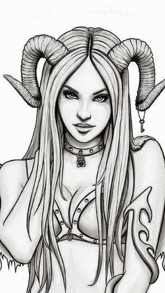 a drawing of a woman with horns on her head