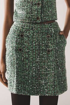 Time to shine in all that shimmers. Crafted from sequined tweed fabric, this mini features an A-line silhouette outfitted with gold-trim buttons and side pockets. | Sequin Tweed Mini Skirt by Maeve, Women's, Size: 2XS, Polyester/Viscose at Anthropologie Green Skirt Outfits, Extra Dresses, Tweed Mini Skirt, Party Clothes, Tweed Skirt, Tweed Fabric, Green Skirt, Bottom Clothes, Dress Codes