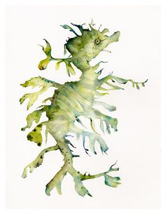 a watercolor painting of a seahorse with green algae on it's back legs