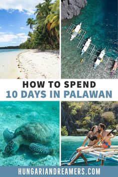 the top ten things to see and do in palawan, philippines with text overlay that reads how to spend 10 days in palawan