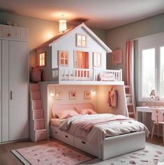 a child's bedroom with a white bed and pink curtains