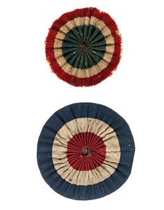 two circular baskets with red, white and blue designs on the top one is round