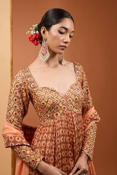 Peach flared anarkali with almond digital print and mirror, sequins, thread tassels embroidery. Paired with coordinating printed dupatta. - Aza Fashions Tassels Embroidery, Flared Anarkali, Tassel Embroidery, Anarkali With Dupatta, Thread Tassels, Sanya Malhotra, Anushree Reddy, Diana Penty, Printed Dupatta