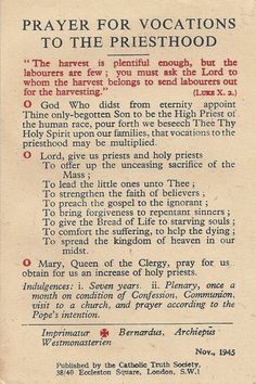 an old prayer card with the words prayer for vocations to the priesthood