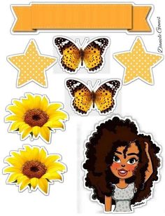 a girl with sunflowers and butterflies in the background