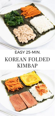 two plates with different types of food on them and the words easy 25 - min korean folded kimbap