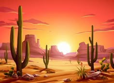 a desert scene with cactus trees and mountains in the background at sunset or sunrise stock illustration