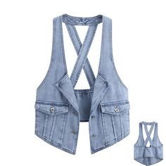 Premium Quality Lady Denim Waistcoat Gilet Vest Sleeveless Jacket Jeans Tops Back Cross Straps, women's tops Upcycling Clothes, Denim Waistcoat, Diy Vetement, Denim Ideas, Vest Women, Jeans Tops, Ladies Tops, Tops Fashion, Sleeveless Jacket