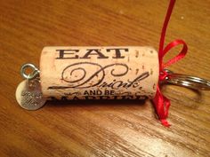 a cork keychain with a tag attached to it