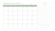 a green and white calendar with the month planner on it