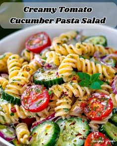 Pasta 8 oz\nCherry tomatoes 1 cup halved\nCucumber 1 cup diced\nRed onion 1/2 cup diced\nFeta cheese 1/2 cup crumbled\nMayonnaise 1/2 cup\nSour cream 1/4 cup\nOlive oil 1 tbsp\nRed wine vinegar 1 tbsp\nGarlic powder 1 tsp\nDried oregano 1 tsp\nSalt and pepper to taste\nCook pasta, cool. Mix with tomatoes, cucumber, onion, feta. Whisk mayonnaise, sour cream, oil, vinegar, garlic powder, oregano, salt, pepper. Pour dressing over pasta, toss. Chill for 1 hour.\n#PastaSalad #SummerVibes Tomato Cucumber Pasta Salad, Cucumber Pasta, Cucumber Pasta Salad, Fun Breakfast Ideas, Salad For Summer, Tomato And Cucumber, Salad Recipes Healthy Lunch, Oregano Salt, Cucumber Onion