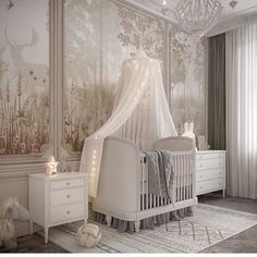 a baby's room with a crib, dresser and bed