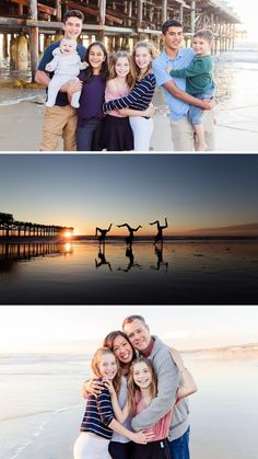 the family is posing for pictures on the beach at sunset and in the water with their arms around each other