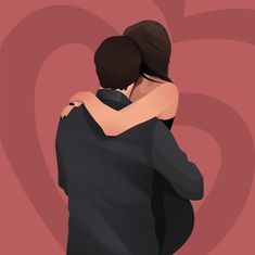 two people hugging each other in front of a heart